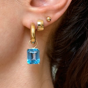Custom 14KT Yellow Gold Genuine Swiss Blue Topaz Faceted Emerald-Cut Earring Charms Add to hoops Interchangeable Large NO HOOPS