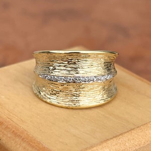 14KT Yellow Gold & Pave Diamonds Thick Wide Cigar Band Ring Textured NEW 7
