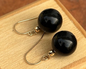 14KT Yellow Gold Thin Ear Earrings with Black Onyx Bead Charms