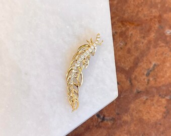 14KT Yellow Gold Curved Feather with Diamonds Pendant Slide NEW Small Size