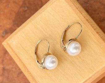 14KT Yellow Gold + Freshwater Pearl Euro Wire Lever Back Drop Earrings Day or Evening NEW Button