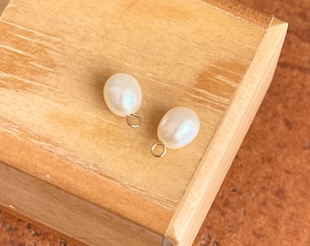 14KT Yellow Gold White Oval Mini 7MM Freshwater Pearl Dangle Earring CHARMS ONLY