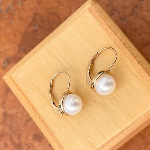 14KT Yellow Gold + Freshwater Pearl Euro Wire Lever Back Drop Earrings Day or Evening NEW Button