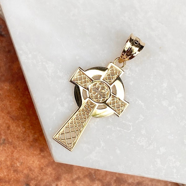 14KT Yellow Gold Celtic Irish Scottish Weave Knot Design Cross with Eternity Circle Pendant Charm Shiny NEW Unisex 28MM