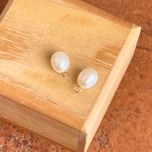 14KT Yellow Gold White Oval Mini 7MM Freshwater Pearl Dangle Earring CHARMS ONLY