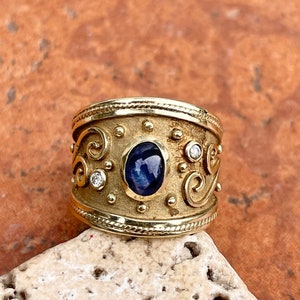 Estate Vintage 14KT geelgoud mat Etruskisch Byzantijns echte saffier en diamanten sigaarbandring maat 9,5