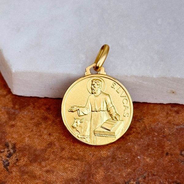 14KT geel goud massief mat St Luke Lucas ronde medaille hanger NIEUW Unisex 16 mm