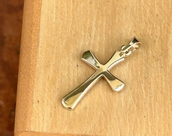 14KT Yellow Gold Solid Curved Rounded Edge Small Cross Pendant Charm 19.3MM