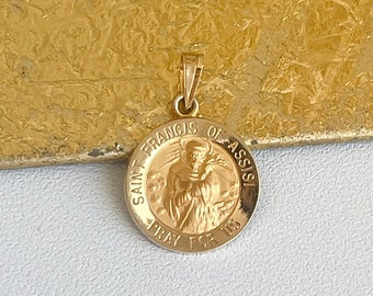 14KT Yellow Gold Polished St Francis of Assisi Patron Saint of Animals/ Nature Round Medal Pendant NEW Unisex SMALL 15mm