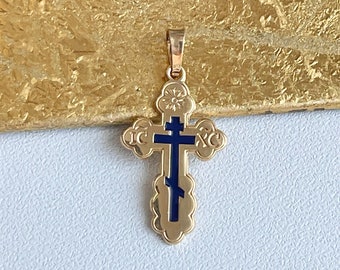 14KT Yellow Gold Eastern Orthodox Cross + Blue Enamel Detailed Pendant Charm NEW Medium 22mm