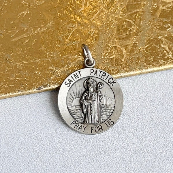 Sterling Silber Antik St. Patrick Betet für uns runder Medaillenanhänger Charm NEU Unisex 18mm Größe