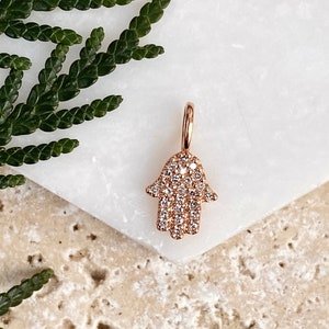 14KT Rose Gold & Pave Diamond Kabbalah "Hand of Fatima" Hamsa Chamseh Mini Pendant NEW Good Luck Charm