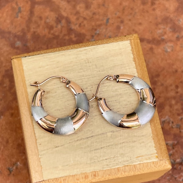 14KT Rose Gold + White Gold Matte and Shiny Design Small Hoop Earrings NEW 20mm Two-Tone