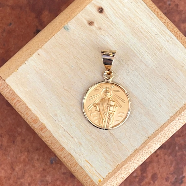 18KT Yellow Gold St Jude Thaddeus Patron Saint of Lost Causes/ Hope Round MINI Medal Pendant NEW SMALL 12mm