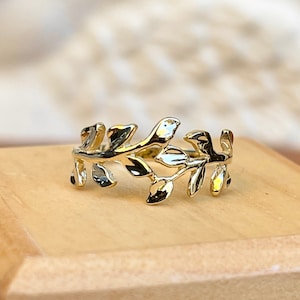 14 kt geelgouden bladgouden designring met bloemenranken NIEUW Boho-statementring maat 7