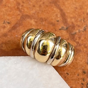 Estate 14KT Yellow Gold Two-Tone Chunky Domed Ribbed Statement Ring 7 Large