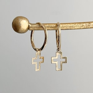 14KT Yellow Gold Shiny Small Endless Hoop with Cut-Out Cross Charms Earrings NEW 15mm