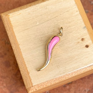14KT Yellow Gold Italian Horn &quot;Cornicello&quot; Corno Pink Enamel Pendant Charm Protect Evil NEW 23mm REVERSIBLE