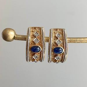 Estate 14KT Yellow Gold Byzantine Etruscan Bezel Oval Blue Sapphire + Diamond Omega Back Earrings European Flare Matte & Shiny