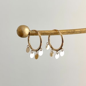 14KT Yellow Gold Shiny Tube Endless Hoop Earrings with Gold Circle Disc Dangles Charms 15mm NEW SMALL MINI