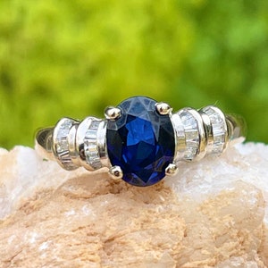 Estate Vintage 14KT Yellow and White Gold 1.85 CT Oval Blue Sapphire + Baguette Diamond Accent Ring 9