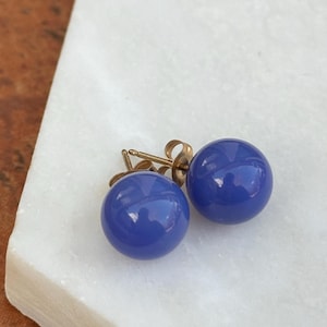 Estate 14KT Yellow Gold Genuine Blue Chalcedony Onyx Round Ball Stud Post Earrings 10mm Size