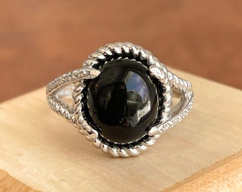 Sterling Silver Oval Genuine Black Onyx Cabochon Gemstone Cocktail Rope Twist Band Ring NEW Various Sizes