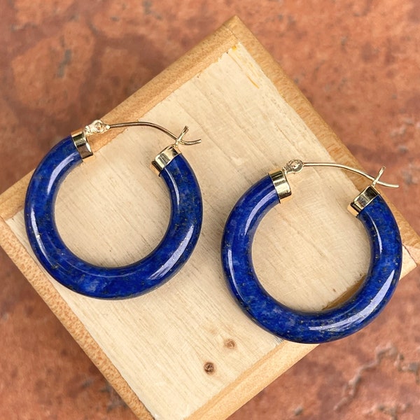 Estate 14KT Yellow Gold Genuine Blue Lapis Tube Round Hoop Earrings 24mm x 4mm