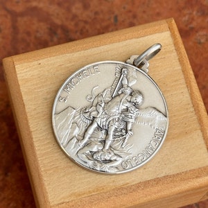 Sterling Silver Antiqued St Michael Patron Saint of Police Round Medallion Pendant 30mm NEW Large Size Mens Unisex Solid