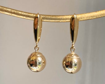 14KT Yellow Gold Round Ball Earring Lever Back Dangle NEW 10mm Ball