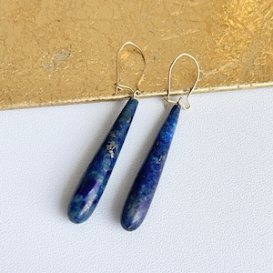 14KT Yellow Gold Genuine Lapis Lazuli Teardrop Gemstone Earrings Long Ear Wire