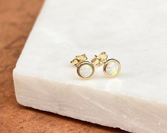 SINGLE (1) 14KT Yellow Gold Bezel Round MINI Size Lab Created Opal Gemstone Stud Post Earring Minimal Tiny Size 6mm