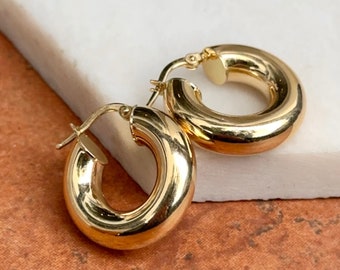 18KT Yellow Gold Shiny 6MM Tube Chunky Round Hoop Earrings NEW 20MM Small Size