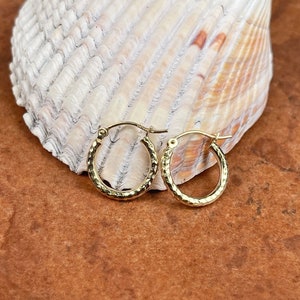 14KT Yellow Gold 2mm Tube Diamond-Cut Finish Hoop Earrings 15mm SMALL Size