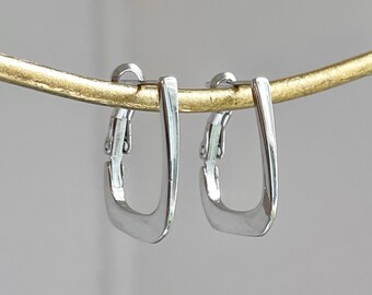 Sterling Silver Shiny Squared J-Shape Omega Back Hoop Earrings 18mm SMALL