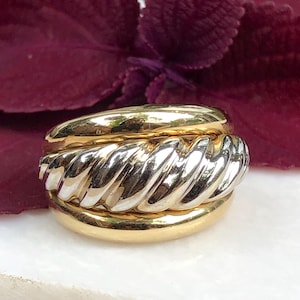 Estate 14KT Yellow Gold Two-Tone Chunky Domed Ribbed Statement Ring 7 Large