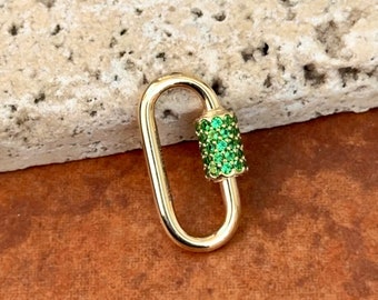 14KT Yellow Gold Rounded Oval Screw In Carabiner Style Clasp NEW Enhancer Shortener Extender Lock Link With Pave Green Stones
