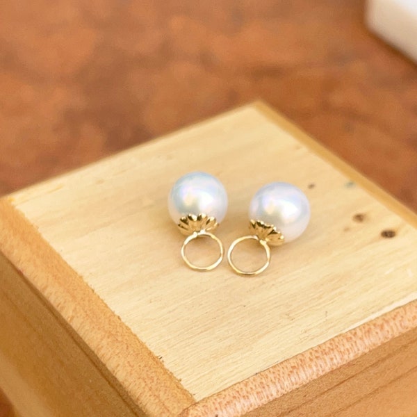 14KT Yellow Gold White Round Mini 7MM Pearl Detailed Dangle Earring CHARMS ONLY