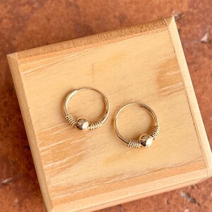 14KT Yellow Gold Shiny Bead Textured Thin Endless Round Hoop Earrings 10MM NEW Light SMALL