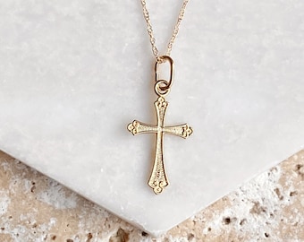 14KT Yellow Gold Shiny Detailed Small Cross Pendant Chain Necklace NEW