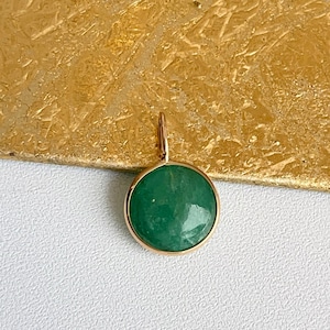 18KT Yellow Gold Round Double Sided Cabochon Green Emerald Bezel-Set Drop Pendant Slide Nice Size
