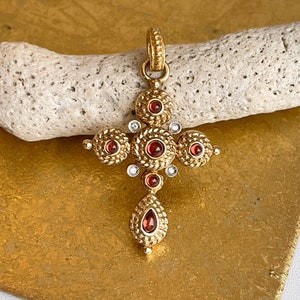 Vintage Estate 14KT Yellow Gold Etruscan Byzantine Maltese Cross Garnet + Diamond Gemstone Enhancer Pendant
