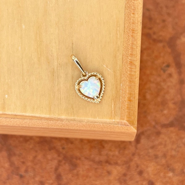 14KT Gelbgold Herzform Opal Einfache Mini Edelstein Anhänger Charme SMALL Oktober Birthstone Perlenrahmen