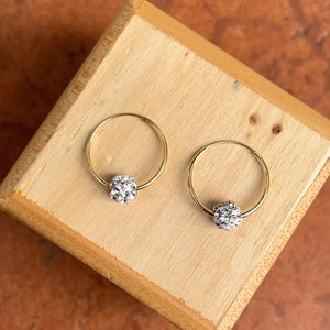 14KT Yellow Gold Crystal Bead Ball Round Tube Small Endless Hoop Earrings 13mm Mini Size