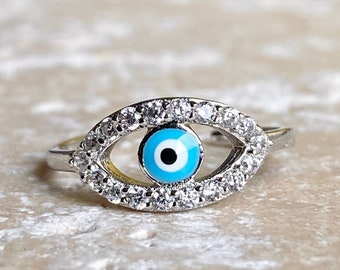 Sterling Silver Polished CZ Stone + Blue Enamel Evil Eye Toe Ring NEW Adjustable