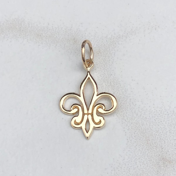 Charm pendentif fleur de lys découpé en or jaune 14 carats poli NOUVEAU design ouvert petit 22 mm