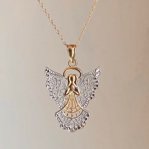 Two-Tone 14KT Yellow Gold + White Rhodium Guardian Angel Filigree Diamond-Cut Design Pendant Chain Necklace NEW Various Lengths