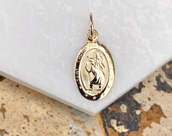 14KT Yellow Gold SMALL St Christopher Patron Saint of Travelers Oval Medal Pendant Charm NEW 13mm