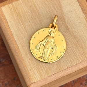 14KT Yellow Gold Solid Miraculous Mary Miracolosa Round Medal Pendant Charm NEW Matte 18mm Unisex