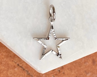 10KT Weißgold Diamantschliff Stern Anhänger Charm Offen Flach Rückseite NEU Klein